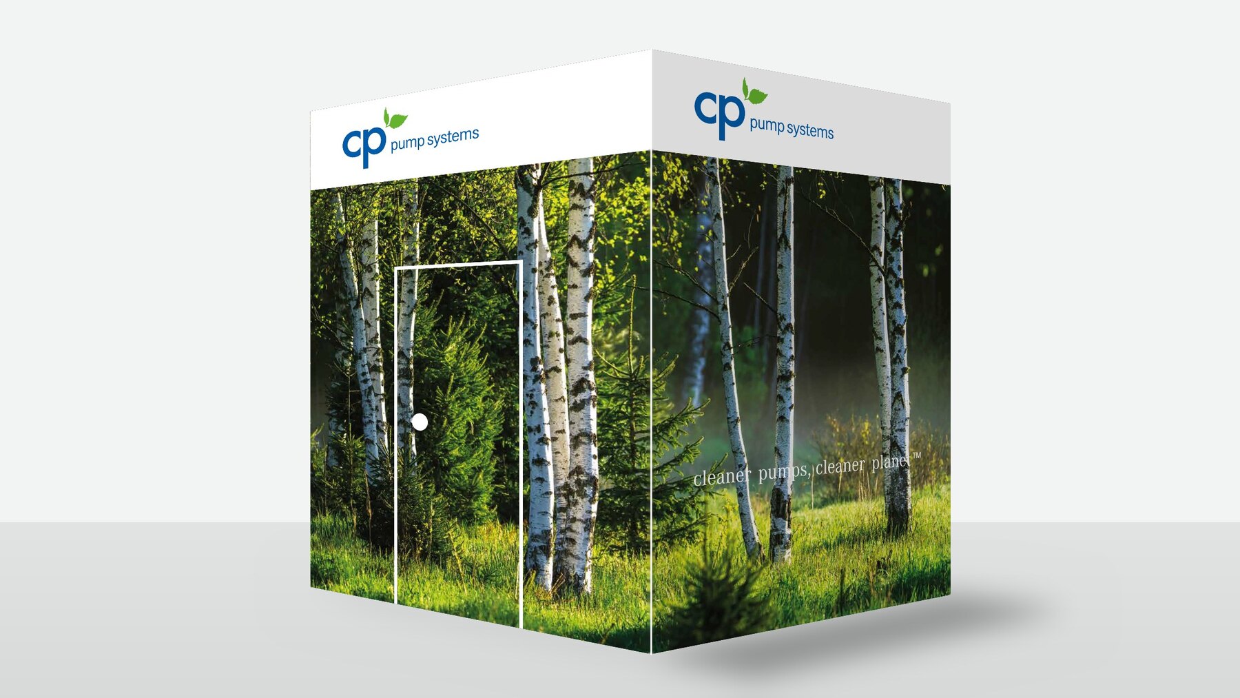 Visualisierung der Standbox: weisse Kabine mit CP-Logo und Birkenwald rundum